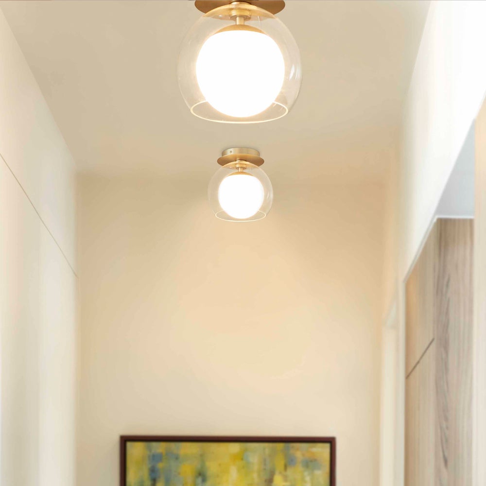 9" Clear with Opal Ceiling Mount - Aged Brass